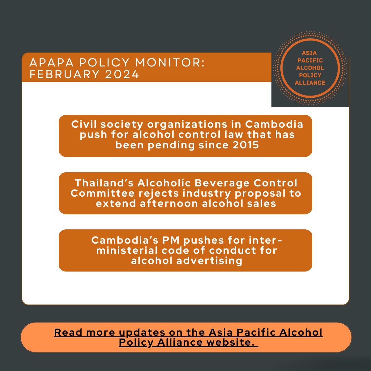 AsiaPacAPA's tweet image. Check out the highlights of APAPA's Policy Monitor in ASEAN for February 2024 below! For more alcohol #policy updates from the Asia Pacific, check out the APAPA policy monitor page: sites.google.com/view/apalcohol…
@waapaalliance @SAFERMove @thaihealth @WHOSEARO @WHOWPRO