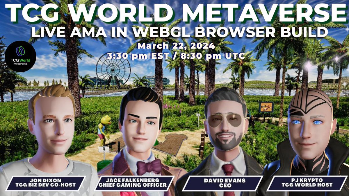 Mark your calendars! Join us for a live AMA in the WebGL browser build on March 22nd! TCG World CEO, David Evans, will be there! 👀

⏰: 3:30pm EST / 8:30pm UTC

This is going to be an epic one! You don’t want to miss it! 🔥