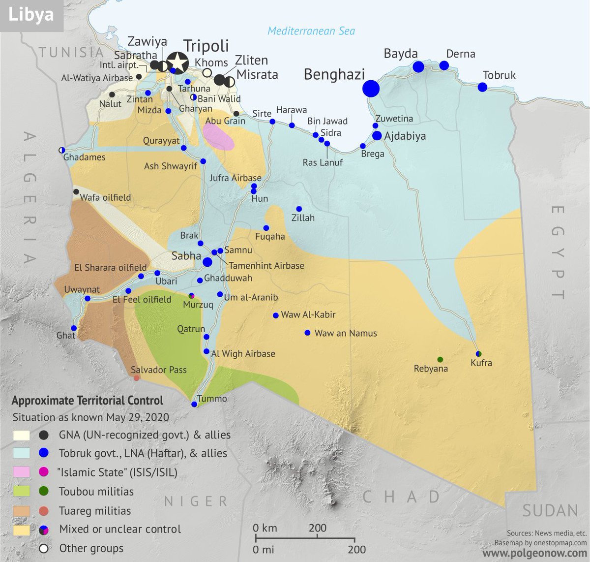 SlapMaps's tweet image. Current #Libya situation map: #Haftar and #LNA forces control Benghazi and the east along with most of the countries oil infrastructure. The #GNA controls areas around the capital #Tripoli. The south is controlled by local #tuareg and tribal militias.