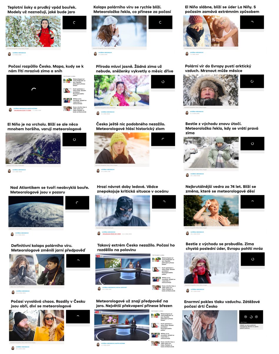 Jachym's tweet photo. Clickbait v meteorologii? Už mi to opravdu nedá a tento tweet zaměřím na zcela záměrně zkreslené titulky zneužívající lidského strachu od jednoho konkrétního media. Když jsem to takto sepsal, jediné pozitivní, co jsem na tom shledal je, že je jsem se u toho opravdu docela pobavil. Zejména přehled konkrétních titulků na konci postu. 

Podělte se do komentá��ů o další clickbaity z oblasti počasí, na které jste narazili!

Zároveň bych chtěl říci, že v řadě případů jsou ty samotné články vesměs v pořádku, jen by nebyly vůbec tak zajímavé, nebýt titulku. Jsou tam ale i články, které jsou dost na hraně obsahově. 

Tím mediem je TN CZ, které takových článků chrlí desítky měsíčně.

Je úplně jedno, že v rozmezí 1 dne (!) píše o tom, že "hrozí návrat doby ledové" a o pár hodin později "nejbrutálnější vedra". To je jedno, čtenář je přeci hloupý a nic si nepamatuje.

Koláž, kterou jsem sestavil níže, je pouze část toho, co zde vyšlo od 1. 2. do 1. 3. 2024. 

Zde zkusím popsat některé konkrétní titulky a jejich návaznost:

5. 2. 2024 - píše o teplotních šocích a vpádech bouřek, jakožto předpověď na jaro (které v tu dobu bylo min. měsíc daleko). Například vpády bouřek, jsou ve skutečnosti: "​Pro první polovinu jara bývá typické zejména proměnlivé počasí. Na horách obvykle ještě sněží a objevují se i bouřky, ..." -toto tedy není ve skutečnosti žádná předpověď, ale obecné konstatování, asi jako "na jaře se bude prodlužovat den".

Toto je opravdu mistrovská smršť titulků v řádu dní:
7.  2. 2024 - "řítí se mrazivá zima a sníh"
8. 2. 2024 - "žádná zima už nebude, sněženky vykvetly o měsíc dříve"
11. 2. 2024 - "polární vír do Evropy pustí arktický vzduch, mrznout může měsíce"
19. 2. 2024 - "Česko nic podobného nezažilo. Meteorologové hlásí historický zlom." - v tomto článku píše o extrémně teplém únoru, ještě bych souhlasil s tím, že to Česko ještě nezažilo, co je tím "zlomem" jsem nepochopil, ještě historickým. Otepluje se dlouhodobě a naopak to tím pádem není až tak překvapující s ohledem na vývoj klimatu v posledních letech.
20. 2. 2024 - "Bestie z východu znovu útočí...vrátí se pravá zima" - pokud tou bestií z východu myslela Russko, tak ok.

Toto je také úžasné:
22. 2. 2024 - "hrozí návrat doby ledové, vědce znepokojuje kritická situace v oceánu"
23. 2. 2024 - "nejbrutálnější vedra za 74 let..."
24. 2. 2024 - "definitivní kolaps polárního víru, meteorologové změnili jarní předpověď"

Jenže pozor... už o pár dní později se situace razantně změnila..."Bestie z východu se probudila, zima chystá poslední úder, Evropu pohltí mráz".

A to ještě jsme mezitím zažili extrém, jako nikdy: "takový extrém Česko nezažilo, počasí ho rozdělilo na polovinu". Co bylo tím historickým extrémem? Rozdíly teplot až 10 °C napříč Českou republikou... toto ani nemá smysl komentovat. Věta o něčem, co jsme ještě nezažili zde lze považovat za ryzí lež a absolutní nepochopení a neznalost oboru.

Na závěr února jsme žili v chaosu, který vyvolalo právě počasí: "Počasí vyvolává chaos, rozdíly v Česku jsou obří, diví se meteorologové". V tom se doslova píše, že "teplotní rozdíly jsou mnohdy i o více než 10 stupňů a meteorologům nad tím zůstává rozum stát" - dovolím si to poupravit, meteorologům opravdu zůstává rozum stát, ale ne nad tím rozdílem, ale spíše těmi nesmyslnými titulky. Rozdíl 10 °C napříč ČR opravdu není vůbec ničím, co by někoho z nich vyděsilo nebo překvapilo. Např. při přechodu fronty je toto úplně normální! Zajímavé je, že v článku není citován ani jeden ten "divící se meteorolog". Cituje kolegy z ČHMÚ, kteří pouze konstatovali, že "chladněji bude na západě a severozápadě a tepleji na východě a jihovýchodě".

No a na závěr třeba příspěvek z 1. 3. 2024 "Enormní pokles tlaku vzduchu. Zátěžové počasí drtí Česko." - spíš ho drtí záměrně emočně zabarvené a nesmyslné titulky TN CZ. Jinak obyčejný článek je o poklesu tlaku...

#počasí #klima #dezinformace #clickbait