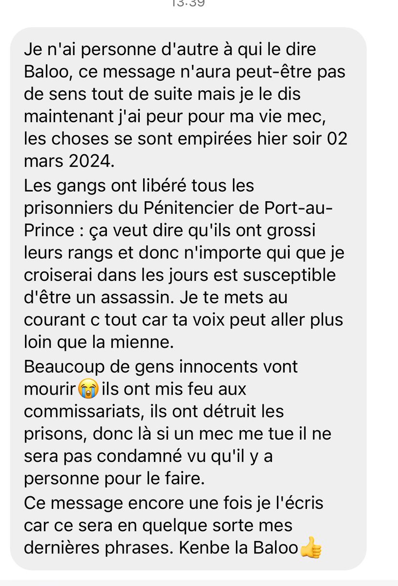 La situation a l’air très compliqué en ce moment en Haïti 🇭🇹 

Je reçois beaucoup de message de ce genre.

Force à tous mes Haïtiens

Si vous en savez plus à ce sujet n’hésitez pas à relayer