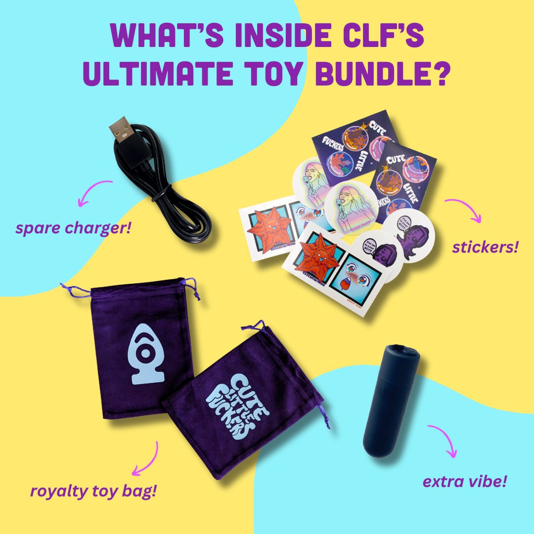 Both you and your toy deserve the best care you can get. These items help make sure your toy is safely kept, always charged, and all your things look awesome with sex-positive stickers! 🥰 Get the Full bundle + Free Shipping with any toy! 🙌