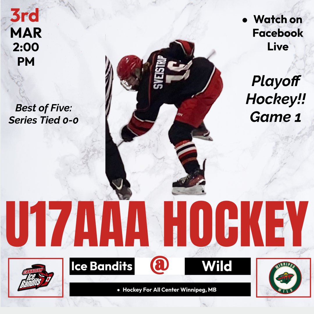 No time for rest!  Semi-Finals start today as we visit the 1st Place Wild.  Go Bandits!! 🤠🏒🥅