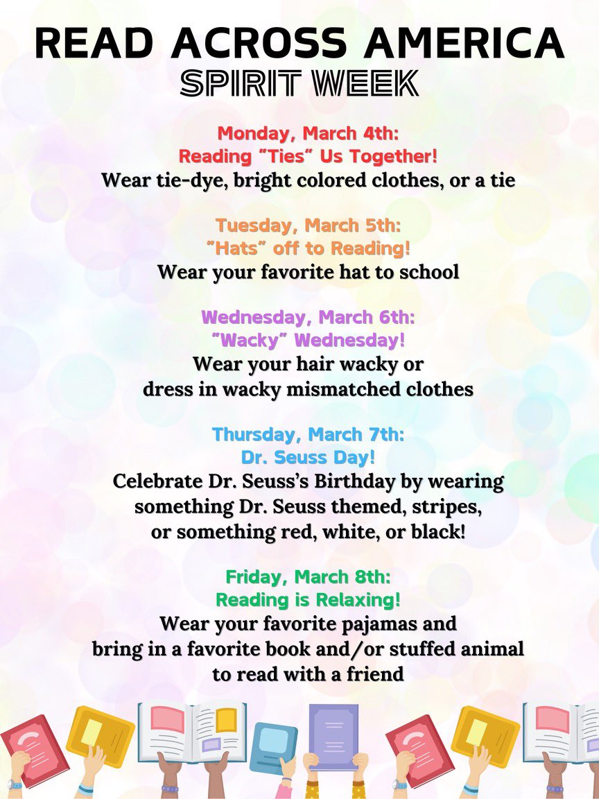 Celebrating Read Across America Week! Let's dive into the magical world of books and inspire a love for reading together. 📖

SRD families and staff- please swipe to see this week’s Read Across America Spirit Week!