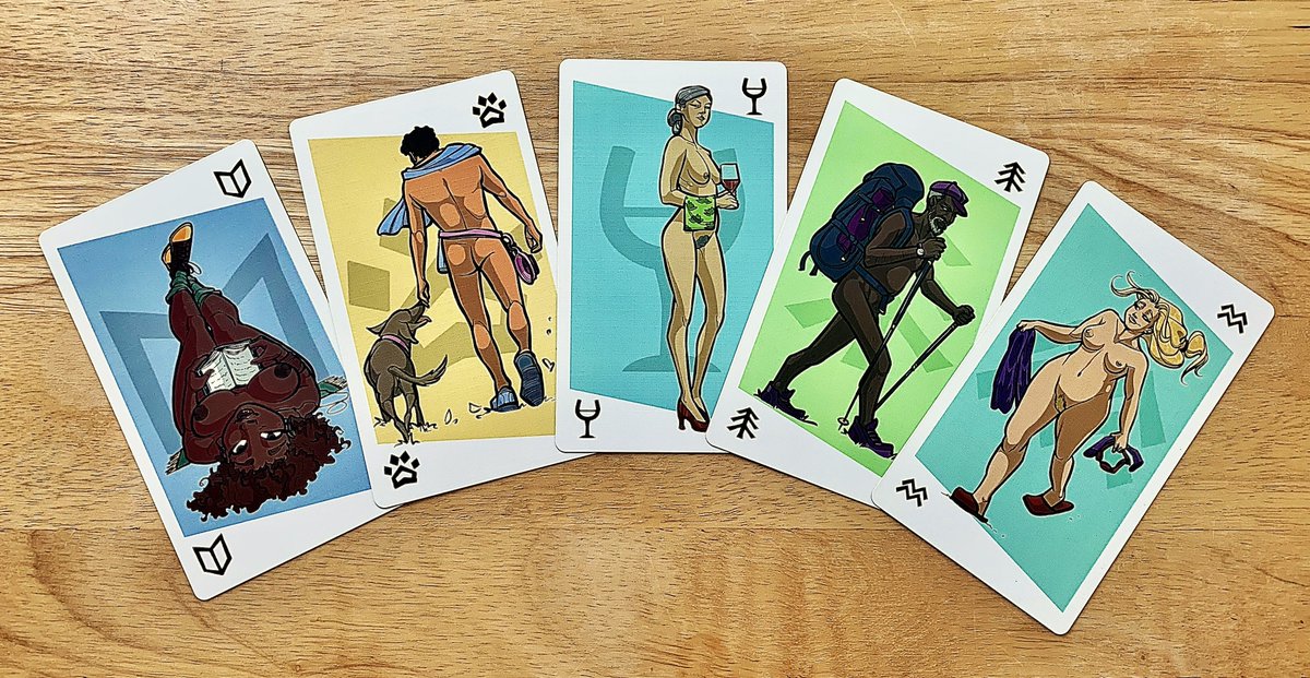 Here's a shout-out to the talented design team @thetablecandle for their great #naturist card game, Sunburnt! These charismatic characters are enjoying some activities that are favorites at Oaklake Trails. Come try your hand and explore #clothesfree living with us! #nudism