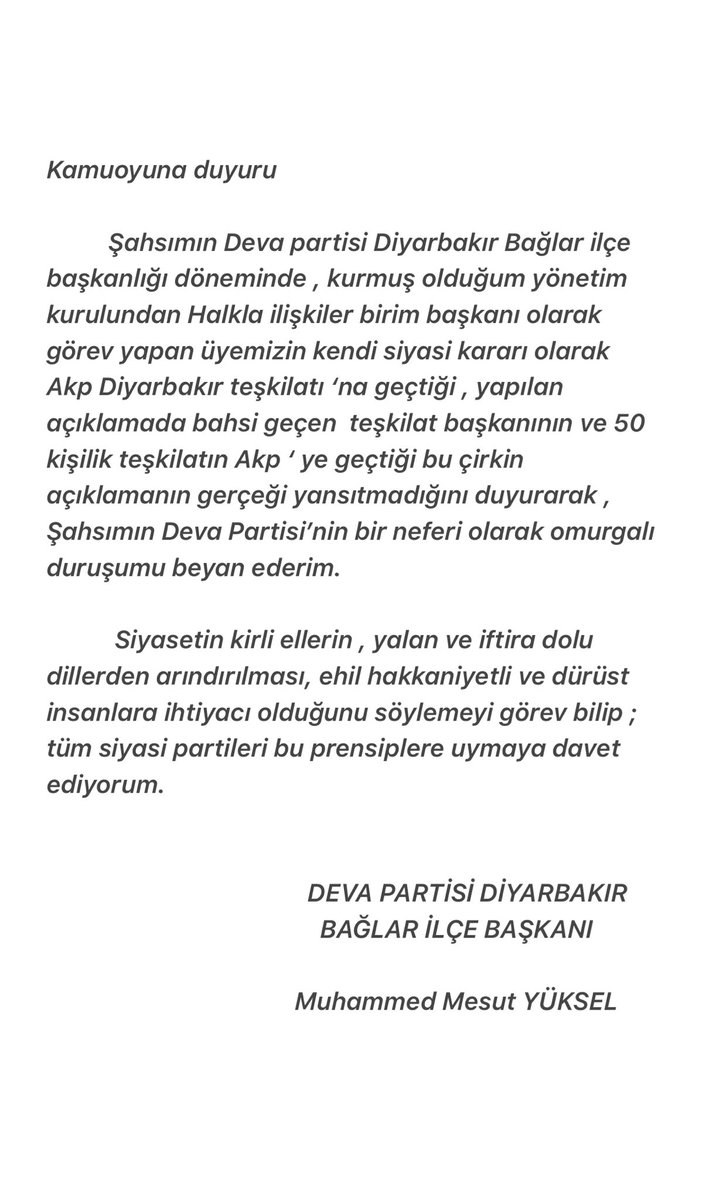 <a href="/akpartidbakir/">AK Parti Diyarbakır</a> yapmış olduğu yalan haberlere istinaden yapmış olduğum duyurudur
Siyaset yapmak için insanlıktan çıkmaya gerek yok.Sizleri dürüst siyaset yapmaya davet ediyorum.
<a href="/devapartisi/">DEVA Partisi</a> 
<a href="/alibabacan/">Ali Babacan</a> 
<a href="/diyarbakirdeva/">Deva Partisi Diyarbakır İl Başkanlığı</a> 
<a href="/IhsanMerdanoglu/">Ali İhsan Merdanoğlu</a> 
<a href="/emin_ekmen/">Mehmet Emin Ekmen</a> 
<a href="/BaglaraDeva/">Deva Partisi Bağlar İlçe Başkanlığı</a> 
<a href="/remzikaymakk/">Remzi Kaymak</a>