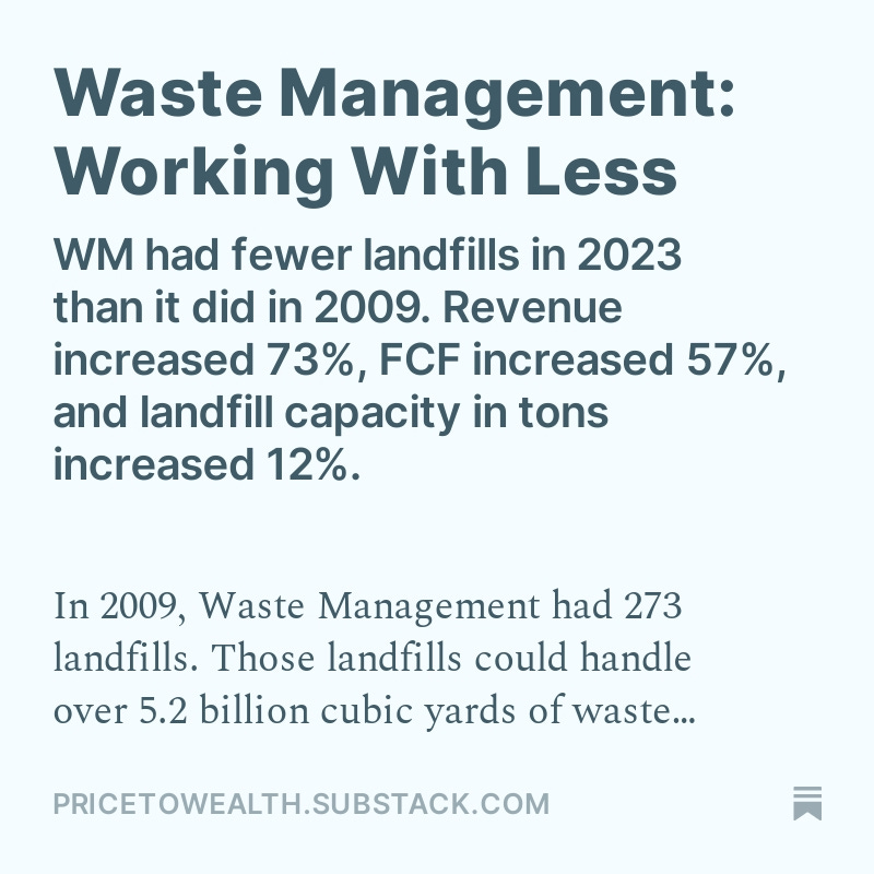 PricetoWealth's tweet photo. New piece out about $WM.  

1) Even though $WM had fewer landfills in 2023 than it did in 2009, tonnage capacity, rev, and FCF increased.

2) FCF/share increased 90% thanks to buybacks.

3) $WM's fastest growing collections biz is industrial waste. Up 93% 2009-2023. https://t.co/ziTNQx3bBF