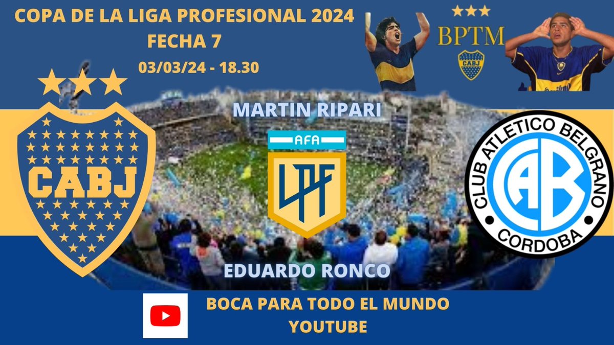 Hoy te esperamos en Boca Para Todo el Mundo a partir de las 18.30, para vivir <a href="/BocaJrsOficial/">Boca Juniors</a> - <a href="/Belgrano/">Belgrano</a> por la octava fecha de la Copa de la Liga. Prendete a nuestro canal de Youtube. Relata <a href="/martinripari/">Martin Ripari</a> y comenta un servidor.