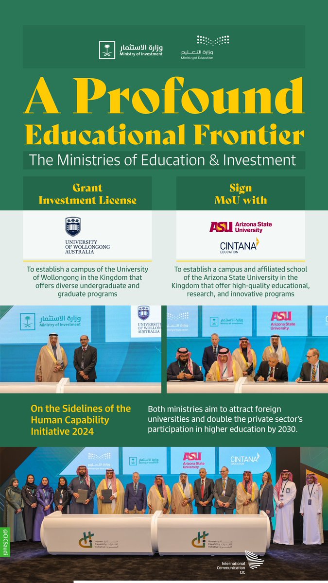 Education in #SaudiArabia is about to get more diverse, with new campuses of foreign universities opening in the future to raise the standards. New agreements on the sidelines of the #HCI2024.