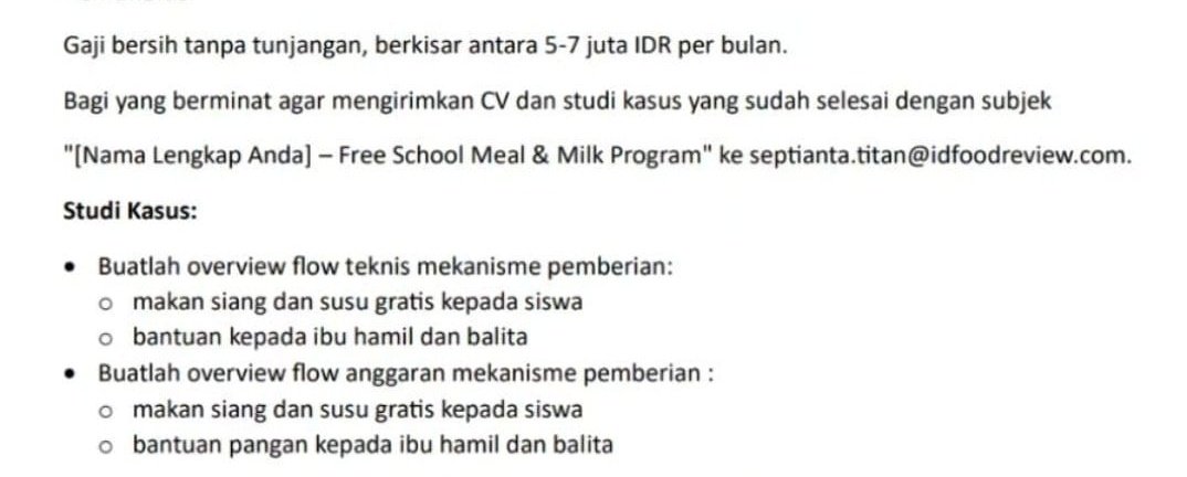 Buset loker programnya Praboro ketauan gak punya rencana mateng.

Ini sih lagi looting & nyicil exploit konsep gratisan dr para pelamarnya. 

Job strategis gaji minimalis. Yg mau lamar mending kirim aja meme 🤡