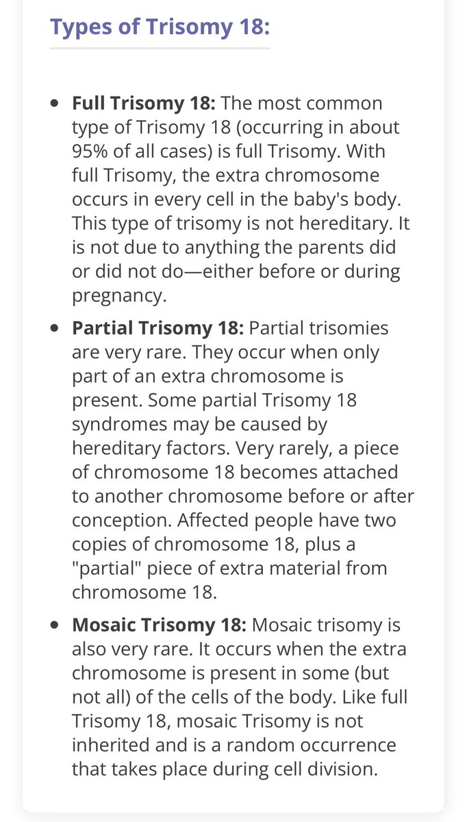 There are 3 types of #Trisomy18 (also know as #EdwardsSyndrome) Here’s some information about each of them. My great nephew was diagnosed when my niece was 5 months pregnant. He was loved for his whole life. #TrisomyAwarenessMonth