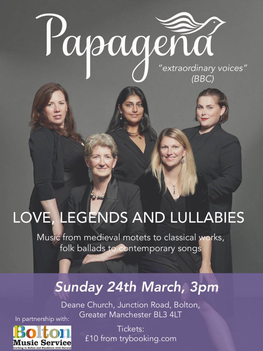 Come and hear Papagena performing Love, Legends & Lullabies in Bolton in a few weeks’ time! 🩷📜🕊️ 📆 Sunday 24th March, 3pm 📍Deane Church, Bolton 🎫 papagena.co.uk/concerts #papagena #papagenasingers #manchester #bolton #concert #livemusic #manchestermusic