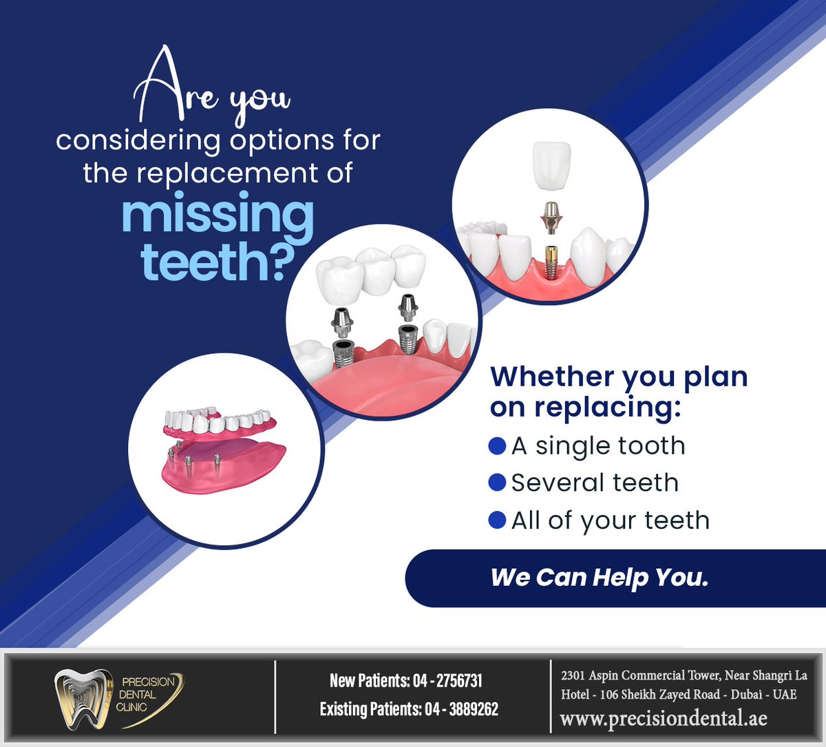 Explore the convenience, hygiene, no slippage or discomfort, and improve your quality of life with dental implants, bridges, and implant-supported dentures from Precision Dental Clinic. Book today. #missingteeth #precisiondentalclinic #dubai