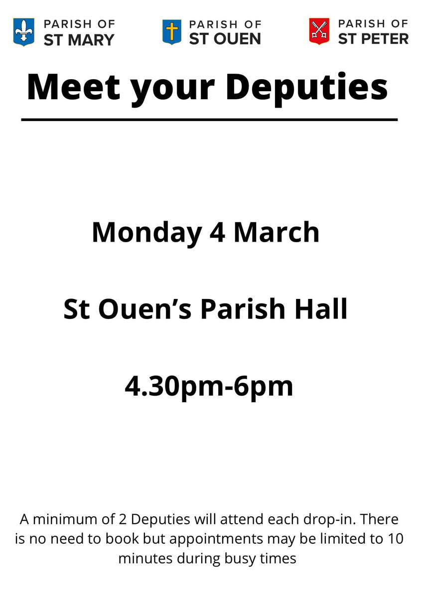 Reminder: Deputies drop in session Monday 4th March 4:30pm - 6pm at St Ouen's Parish Hall #StMary #StOuen #StPeter @LucyStevoJSY @Moore4Jersey @Ian_Gorst