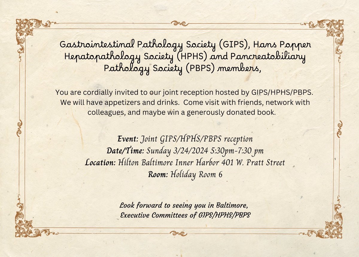 Dear @USGIPS @pbpath @LiverPath_HPHS members! You are all cordially invited to our joint reception at #USCAP2024 Date: 3/24/2024 (Sunday) @530PM EST Location: Hilton Baltimore Inner Harbor (Holiday Room 6) See you there!!