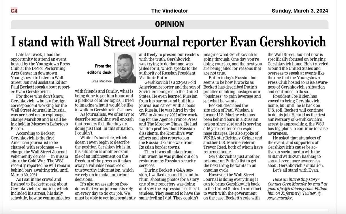 Powerful piece on what the imprisonment of ⁦⁦@evangershkovich⁩ means for the rest of us from ⁦@greg_macafee⁩, editor of The Vindicator in Youngstown. With gratitude #IStandWithEvan