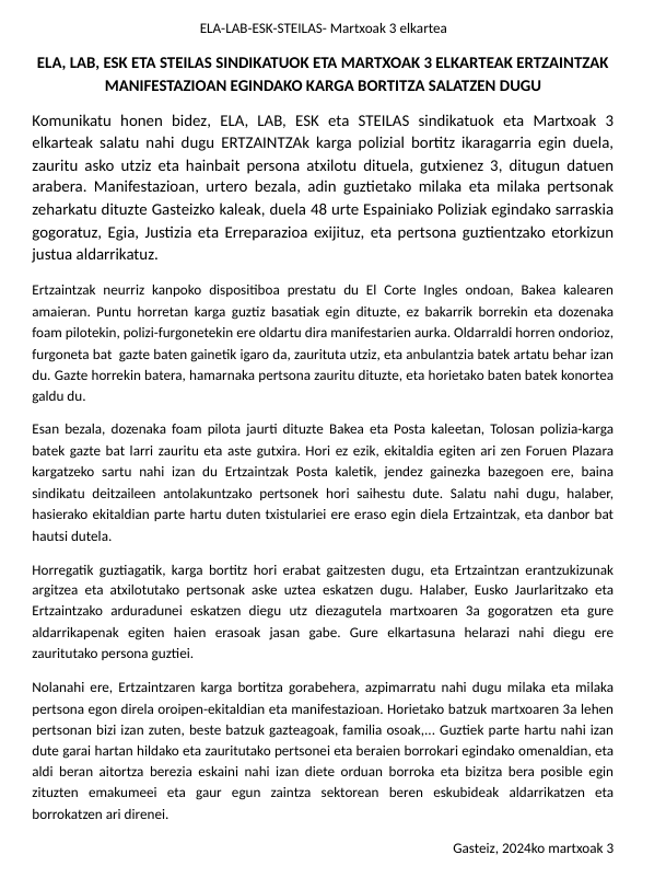 ELAGasteiz_'s tweet photo. 🔴Komunikatu honen bidez, ELA, LAB, ESK eta STEILAS sindikatuok eta Martxoak 3 elkarteak salatu nahi dugu Ertzaintzak karga polizial bortiz ikaragarri egin duela, zauritu asko utziz eta hainbat pertsona atxilotu dituela 👇🏽🔴 https://t.co/ewjnVTUIf6