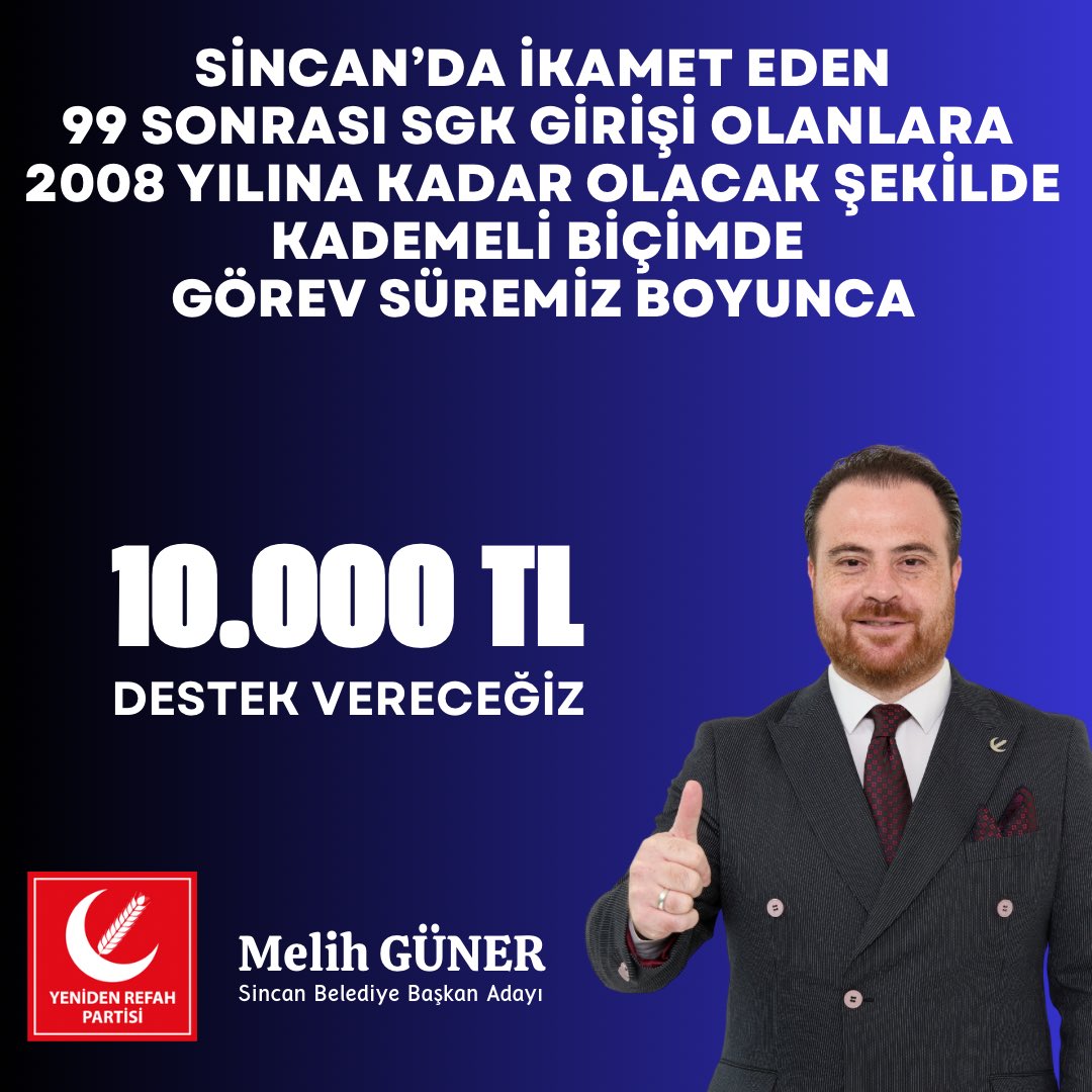 Birileri sırtını dönse de biz her zaman yanınızda olacağız. 

Sincan’da kademeli emeklilik bekleyen vatandaşlarımıza görev süremiz boyunca her ay 1 emekli maaşı vererek Ahlaklı Belediyeciliği göstereceğiz.