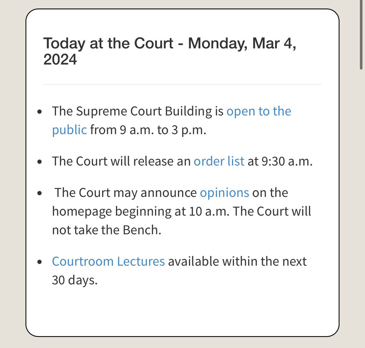 #SCOTUS just updated its website to flag that it “may announce opinions” Monday at 10 ET. It’s *really* unusual for the Court to give such little notice—or, outside of when things were closed for COVID, to not take the bench. IOW, Colorado ruling is very likely coming tomorrow.