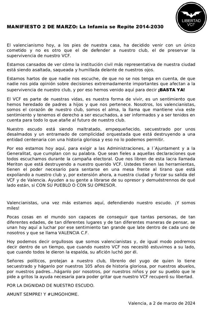 LibertadVCF's tweet image. De nuevo gracias a los más de 20 mil valencianistas, por mantener nuestra dignidad en alto en la manifestación y en nuestra casa, Mestalla. 

Queremos soluciones, y exigimos a los políticos que cumplan sus promesas en elecciones. Trabajar en la salida de Peter Lim de nuestro…