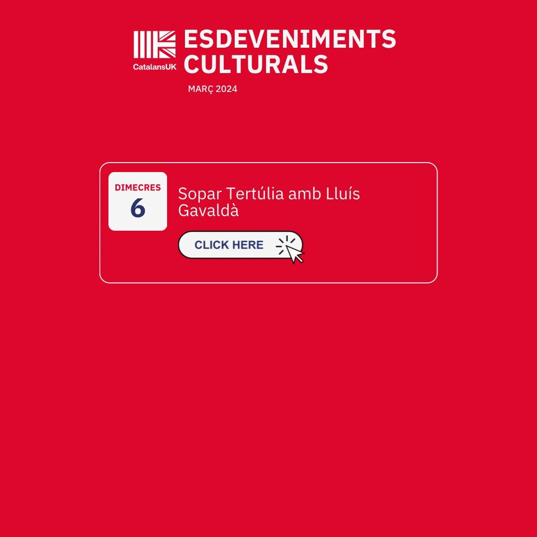 🎉 No et perdis els esdeveniments d'aquest mes de març! 🎉

📅 Sopar Tertúlia amb Lluís Gavaldà
eventbrite.com/e/sopar-tertul…
Places limitades!