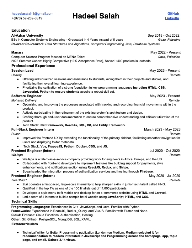 إزيكوا يا شباب؟ يا رب تكونوا بخير. ده ال CV بتاع بنت فلسطينية اسمها هديل، هي وصلت مصر قريب وحاليًا بتدور على فرصة شغل. هديل أنا كنت Mentor ليها من فترة كبيرة في موضوع ال Technical Writing وكتابة المقالات، فهي ما شاء الله شاطرة ومجتهدة. أنا هسيب لينك النسخة ال PDF من ال CV في