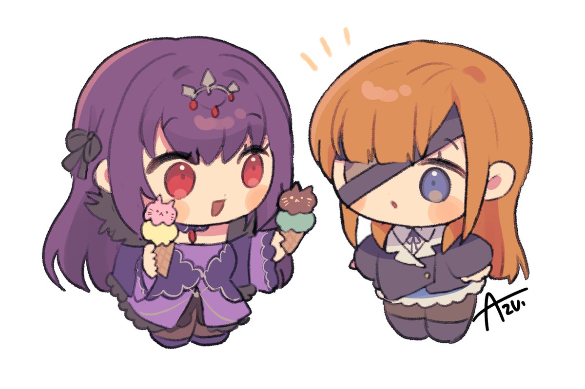 scathach (fate) ,scathach skadi (fate) multiple girls 2girls food purple hair eyepatch red eyes ice cream  illustration images