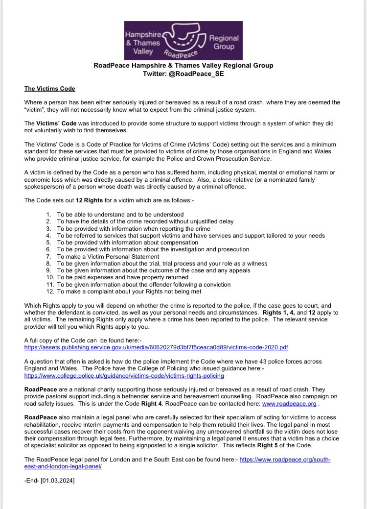 Links in the article raising awareness on  The Victims Code:-

Victims Code: gov.uk/government/pub…

College of Policing: college.police.uk/guidance/victi…

RoadPeace: roadpeace.org 

RoadPeace Legal Panel : roadpeace.org/south-east-and…

#roadcrash #victimscode #injury #fatal4