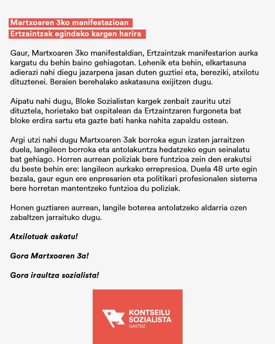 📄 Martxoaren 3ko manifestazioan ertzaintzak egindako kargen harira: