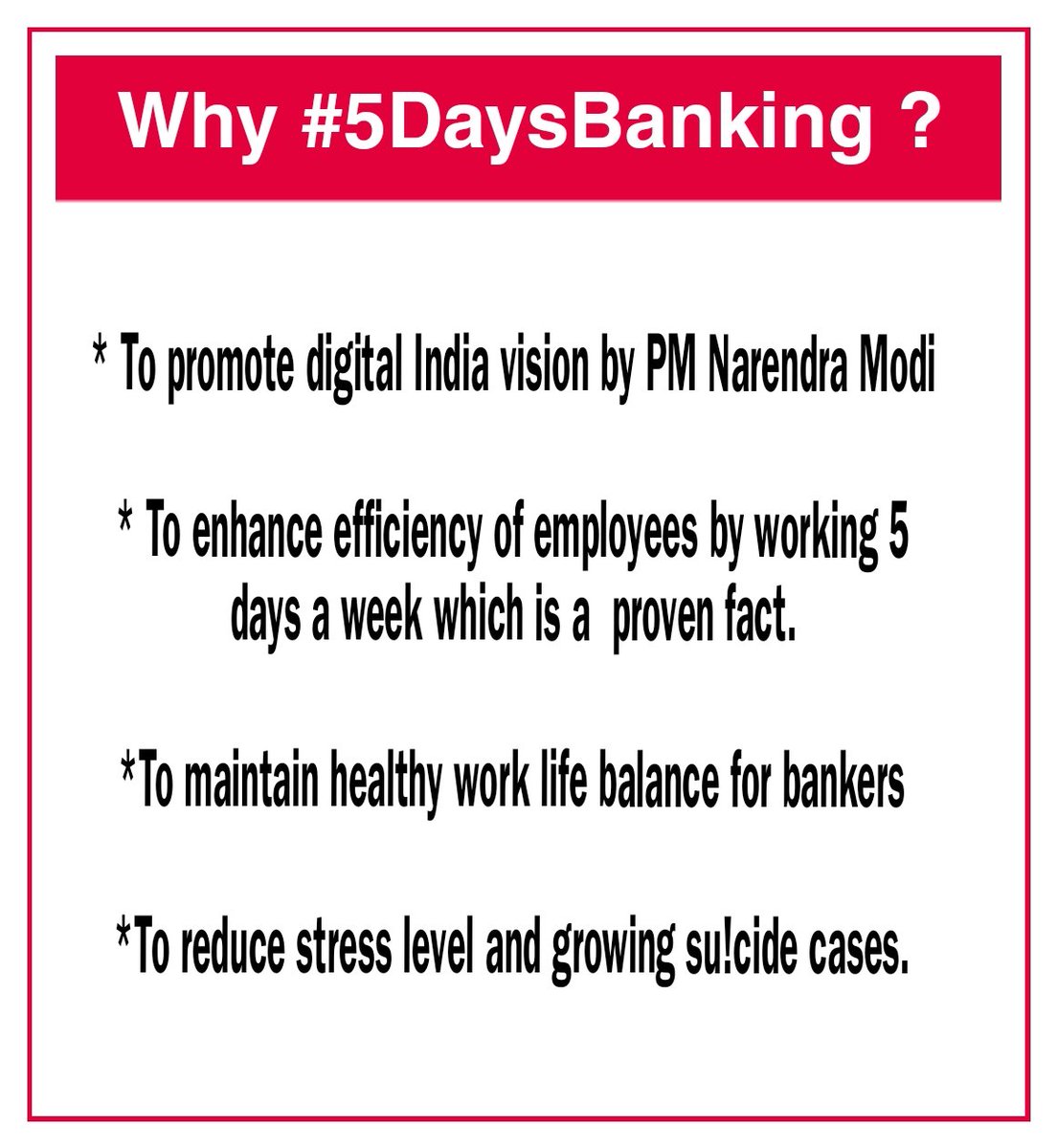 Working days in Week 👇 ▶️RBI- 5days ▶️DFS - 5 days ▶️LIC - 5 days ▶️CVC - 5 days ▶️SEBI - 5 days ▶️BSE- 5 days ▶️NSE- 5 days ▶️NPCI - 5 days ▶️IRDAI- 5 days ▶️Ministry - 5 days ▶️State Govt - 5 days ▶️NABARD- 5 days हम बैंकर की एक ही मांग #5DaysBanking @DFS_India