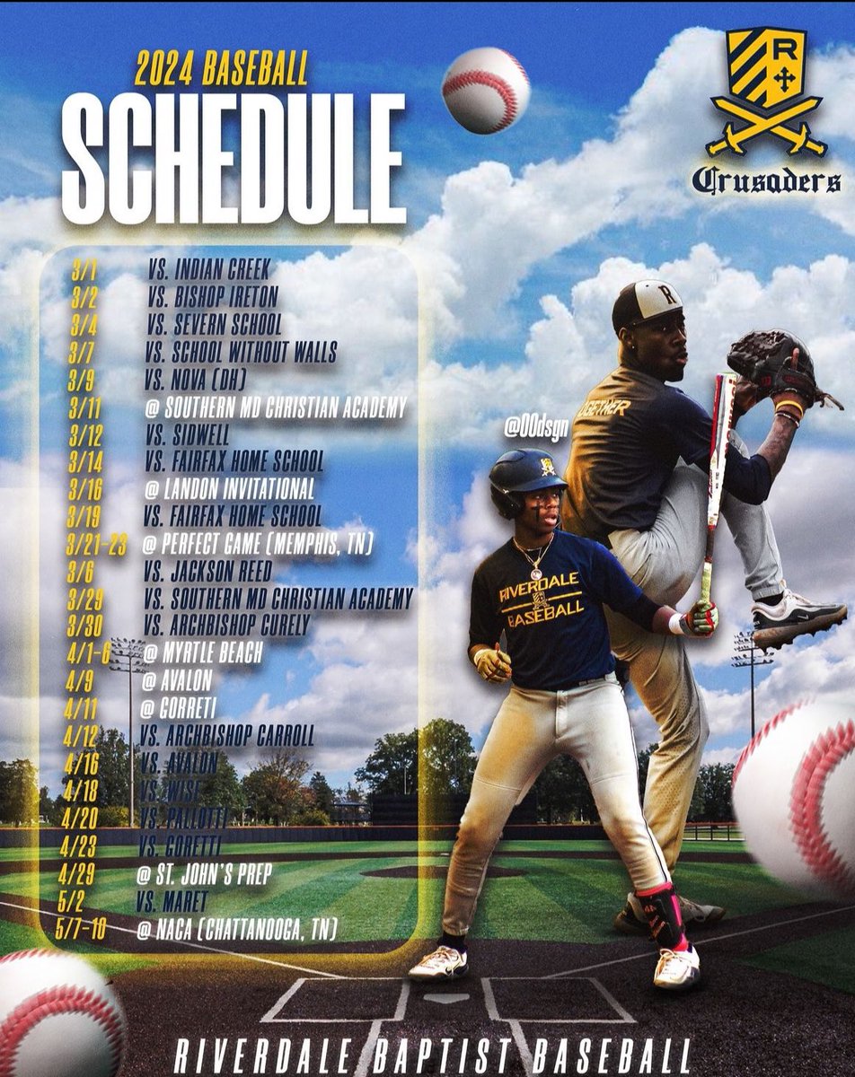 <a href="/RBSBaseball/">Riverdale Baptist Baseball</a> 2024 schedule. Game Day tomorrow Home vs. Severn School on Terrill Field. 1st Pitch 4pm. #CoachGravesGuys #RiverdaleBaseball