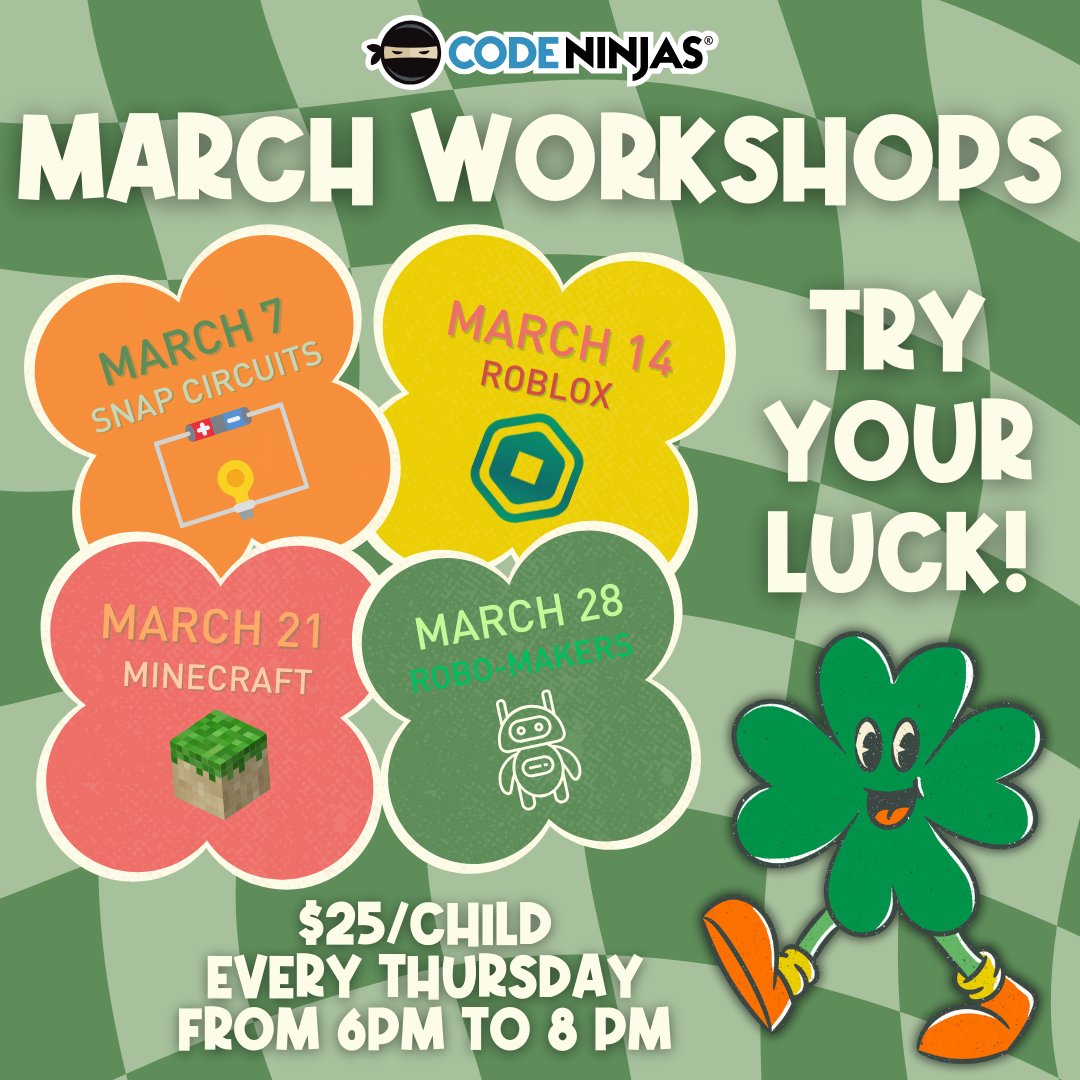 CodeNinjasALX's tweet image. It's March, and we have weekly workshops for your ninja! Sign-up now!
#codeninjas #march #stemforkids #snapcircuits #roblox #minecraft #robotics #kidswhocode #hiyah