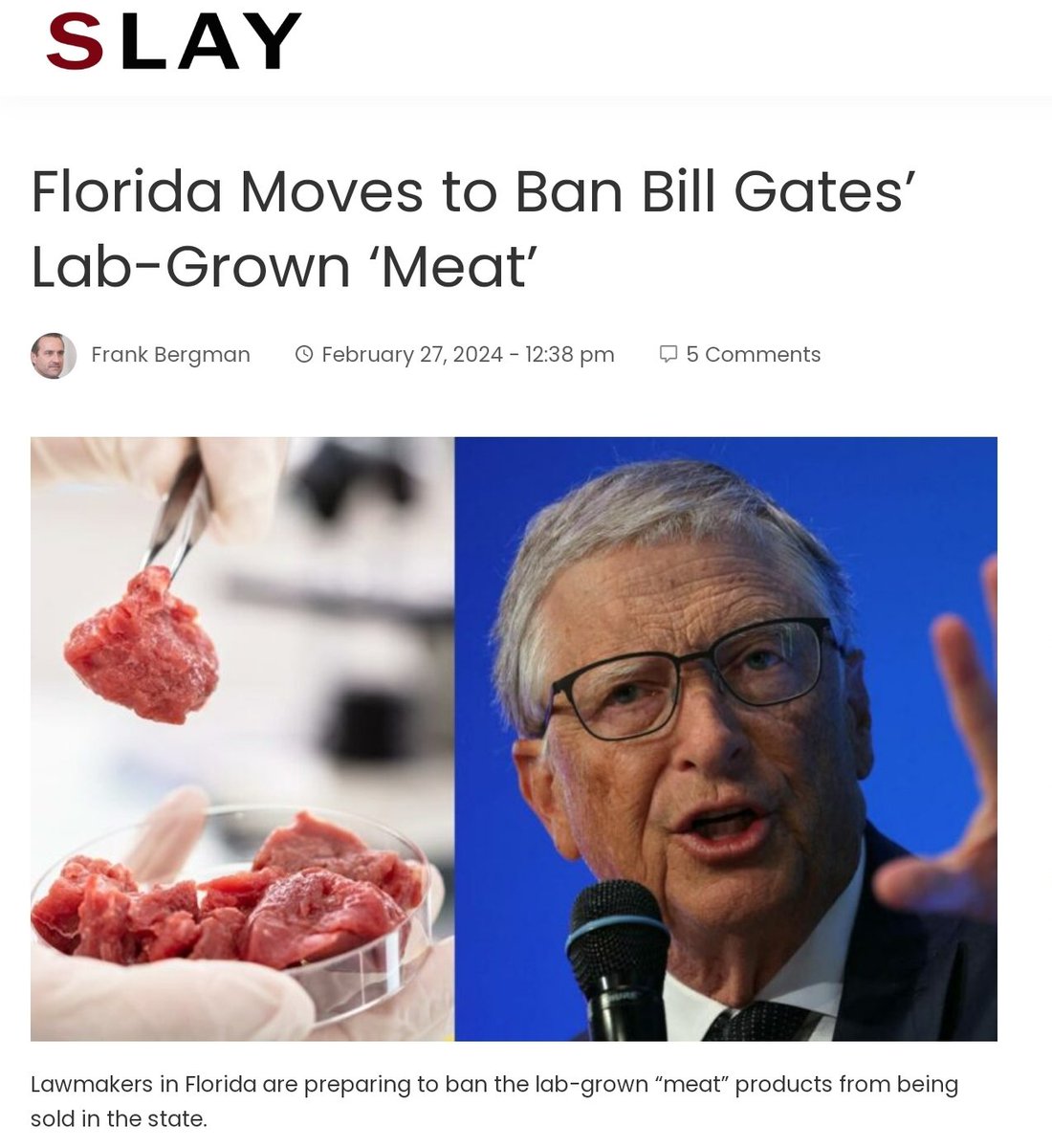 La Floride décide d'interdire la « viande » cultivée en laboratoire de Bill Gates

Au milieu des préoccupations croissantes en matière de sécurité, les législateurs de Floride se préparent à interdire la vente de produits « carnés » cultivés en laboratoire dans l’État. Les