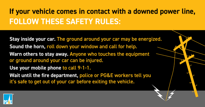 SAFETY: Downed trees/branches or snow could be hiding a power line. Assume all wires are energized and extremely dangerous. Don't touch or try to move it. If your vehicle comes in contact with a downed power line, follow these safety rules. pge.com/wiresdown #cawx
