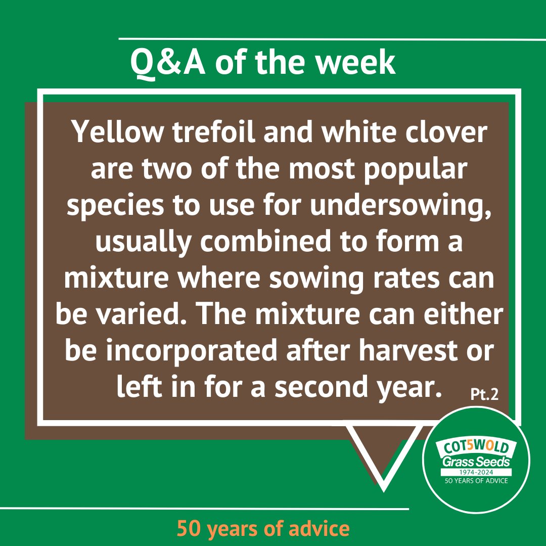 🤔 This week’s frequently asked question is “Can I undersow my cereal crop?'

Have a question? Drop us a message, or ring the team to discuss 📞. Our office is open 9am-5pm every weekday.

#cotswoldseeds #ukfarming #sustainablefarming #britishfarms #farmmanagement #undersow