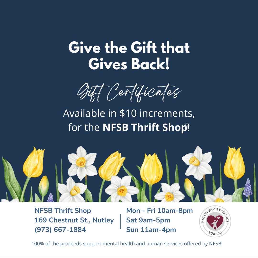 NFSB'S THRIFT SHOP GIFT CARD AVAILABLE Give the Gift that Gives Back! Gift Certificates are available in $10 increments.