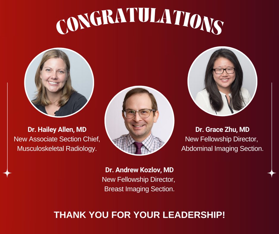 We want to congratulate Dr. Hailey Allen, Dr. Andrew Kozlov, and Dr. Grace Zhu on their newly appointed positions. Please join us in congratulating them on their new roles! #radleaders @UofUHealth