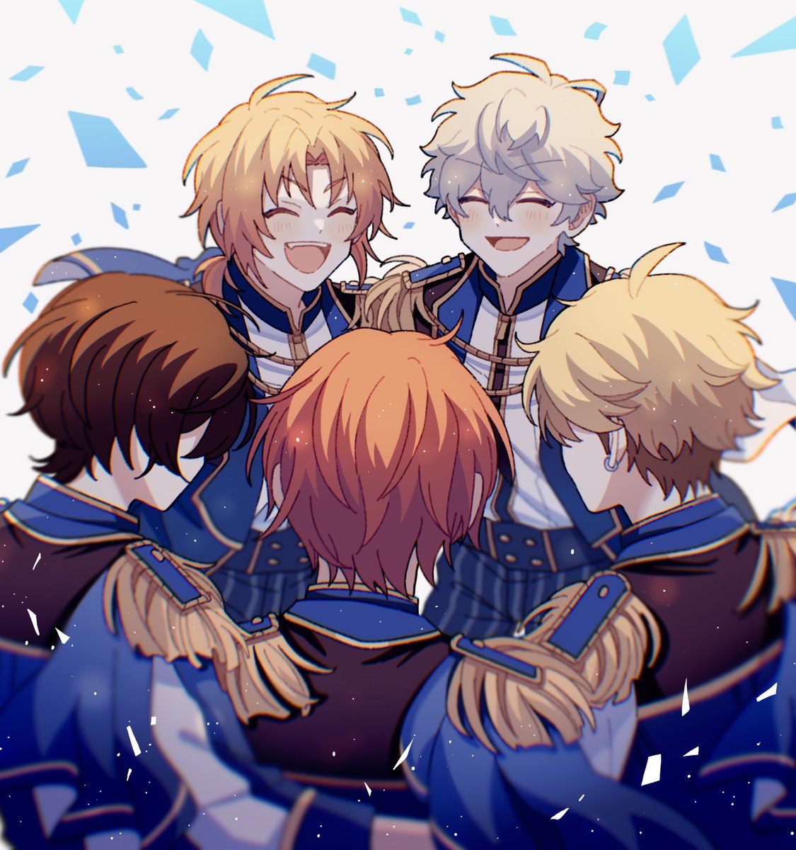 multiple boys male focus orange hair blonde hair closed eyes epaulettes idol  illustration images