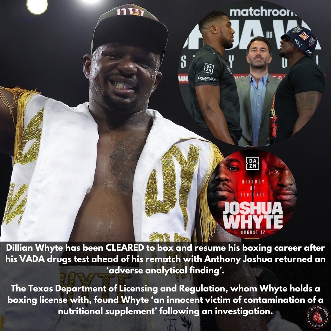 🥊 WHYTE CLEARED TO BOX! 

@DillianWhyte has been CLEARED to box and RESUME his boxing career‼️

The Texas Department of Licensing and Regulation found Whyte 'an innocent victim of contamination of a nutritional supplement' following an investigation… 

#DillianWhyte