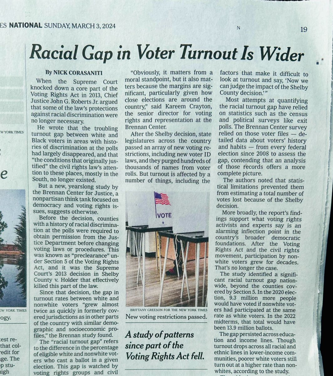 1/ The NYTimes reports on our new findings: After the Voting Rights Act was gutted by SCOTUS’s 2013 decision Shelby County, the racial turnout gap grew almost twice as fast in the counties that would have been covered by the VRA if it were in full force.