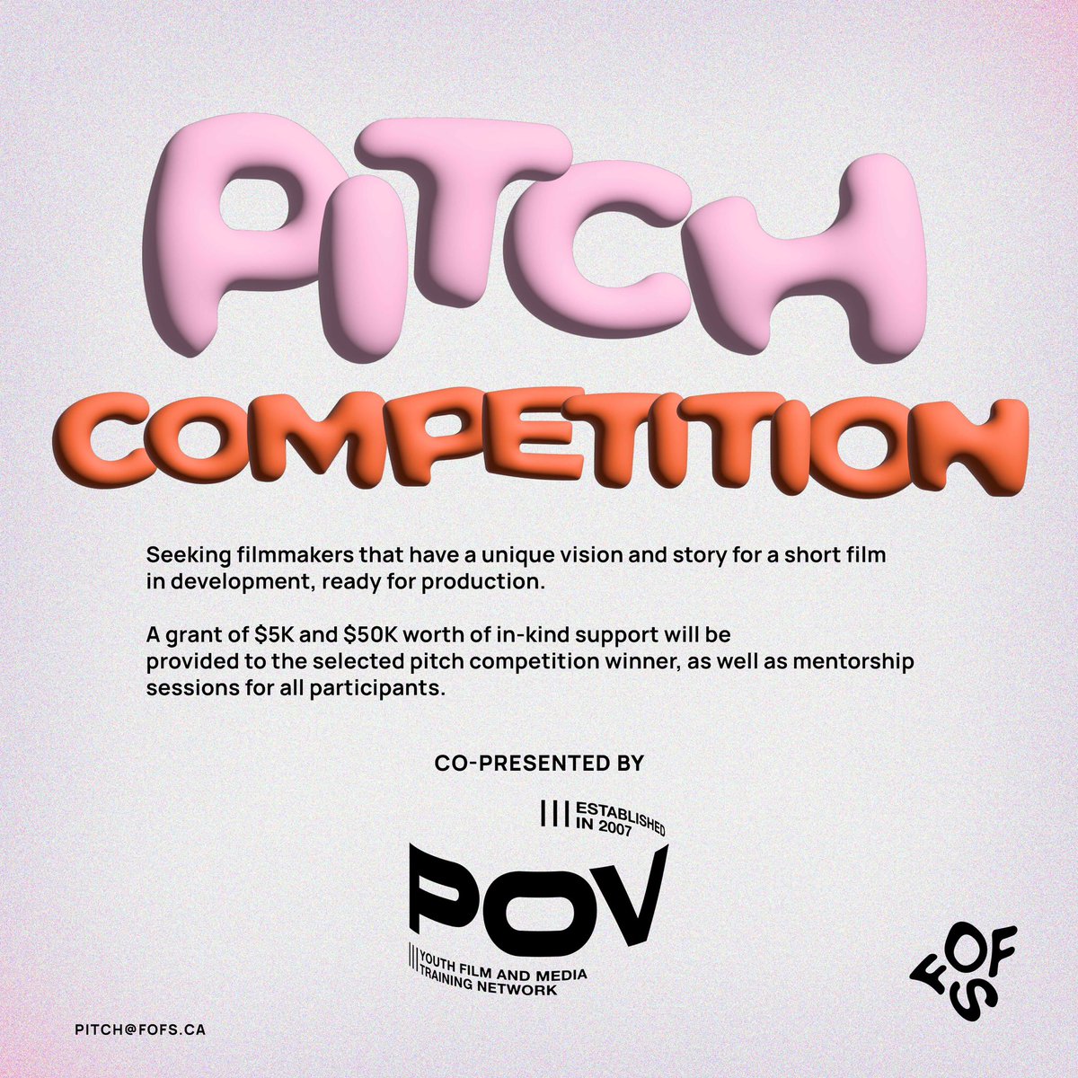 FutureFilmShow's tweet photo. FOFS + @povfilm are proud to present our inaugural Pitch Competition of 2024 🎉 Submissions due March 29th, 2024 ‼️

Designed for emerging 🇨🇦 filmmakers w a short film ready for production! Apply through @filmfreeway at https://t.co/UbavyG3eYK

For questions, email pitch@fofs.ca https://t.co/NB04inrcyu