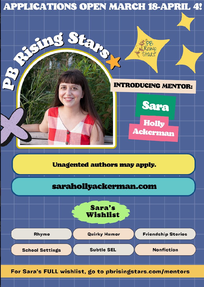 Exciting for another #pbrisingstars mentor back for year 2!!! @sara_h_ackerman is looking for an unagented author working in rhyme, quirky humor, school or friendship stories, SEL, NF, and more! Check out her full profile at pbrisingstars.com/sara #kidlit @ebonylynnmudd