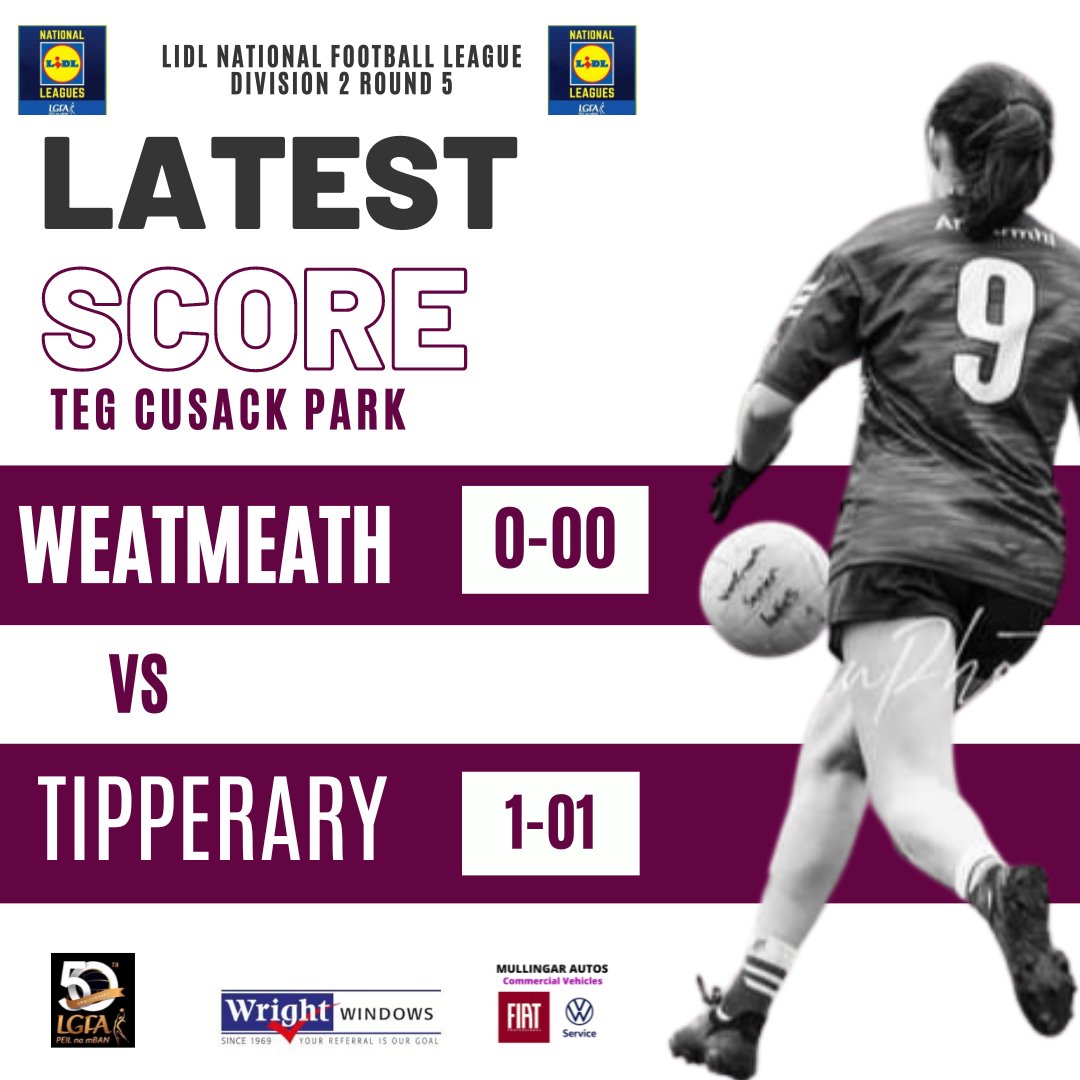 *LATEST* 🏆 @lidl_ireland NFL Div 2️⃣ Rd 5️⃣ @Westmeathlgfa 0-00 @TippLadiesFB 1-01 Aisling Maloney with both scores for Tipp. A goal from the penalty spot 🔥 @LeinsterLGFA @MunsterLGFA #SeriousSupport