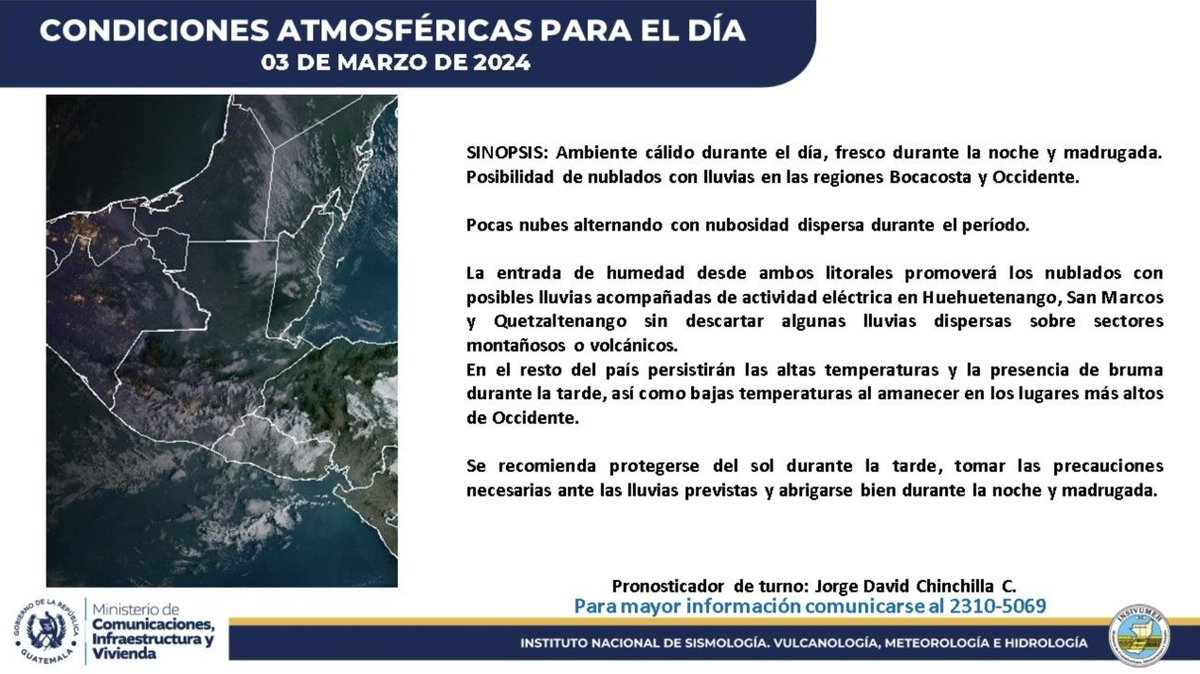 Las condiciones climatológicas para este domingo 3 de marzo del 2024 presentan ambiente cálido y fresco, posibles nublados con lluvias, altas temperaturas y presencia de bruma.⬇️

#INSIVUMEH #Guatemala #ElClima