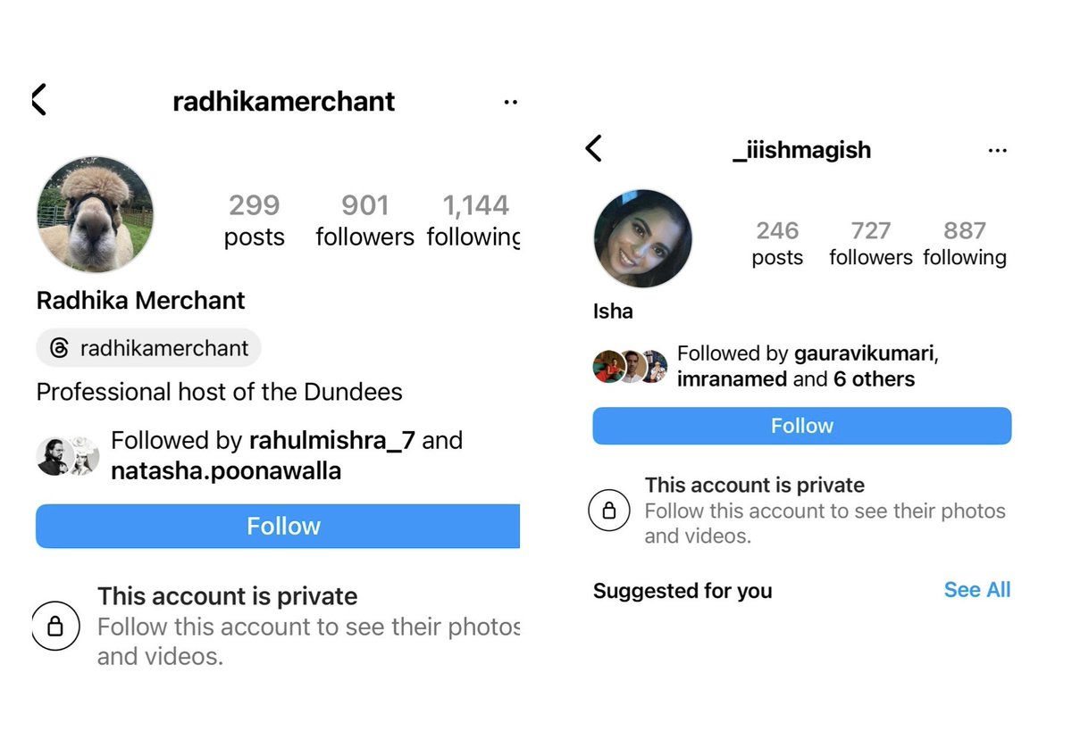 Do you really think having X million followers on Instagram really matter? Here is a classic example! 
They can both buy more followers than #riri &amp; #queenb’s combined.
#AnantAmbaniRadhikaMerchant #IYKYK #ifeelsopoor #instagram #RadhikaMerchant #Ambani