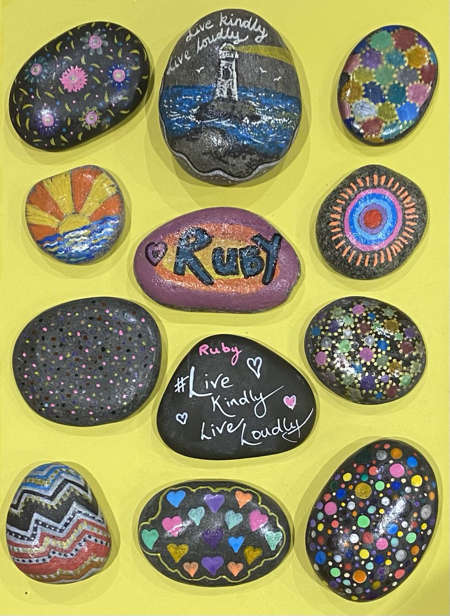 Pebbles for Ruby - remembering 18-year-old Ruby who died of blood cancer in 2020, & sharing her motto, Live Kindly Live Loudly ❤️ Thank you to everyone who helped us paint these yesterday They’re heading off all over world. Let us know if you find one! #livekindlyliveloudly