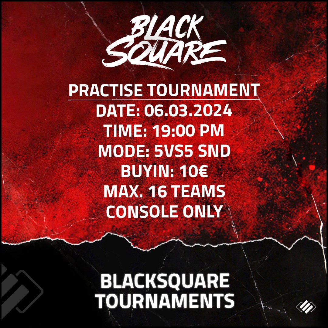 ◼️ BlackSquare Practise Tournament ◼️

Weiter gehts mit unseren Practise Tournaments

Facts:
- Regelwerk: t1p.de/65hba
- SQ Points: t1p.de/t2lr

Zur Anmeldung: t1p.de/y4tny