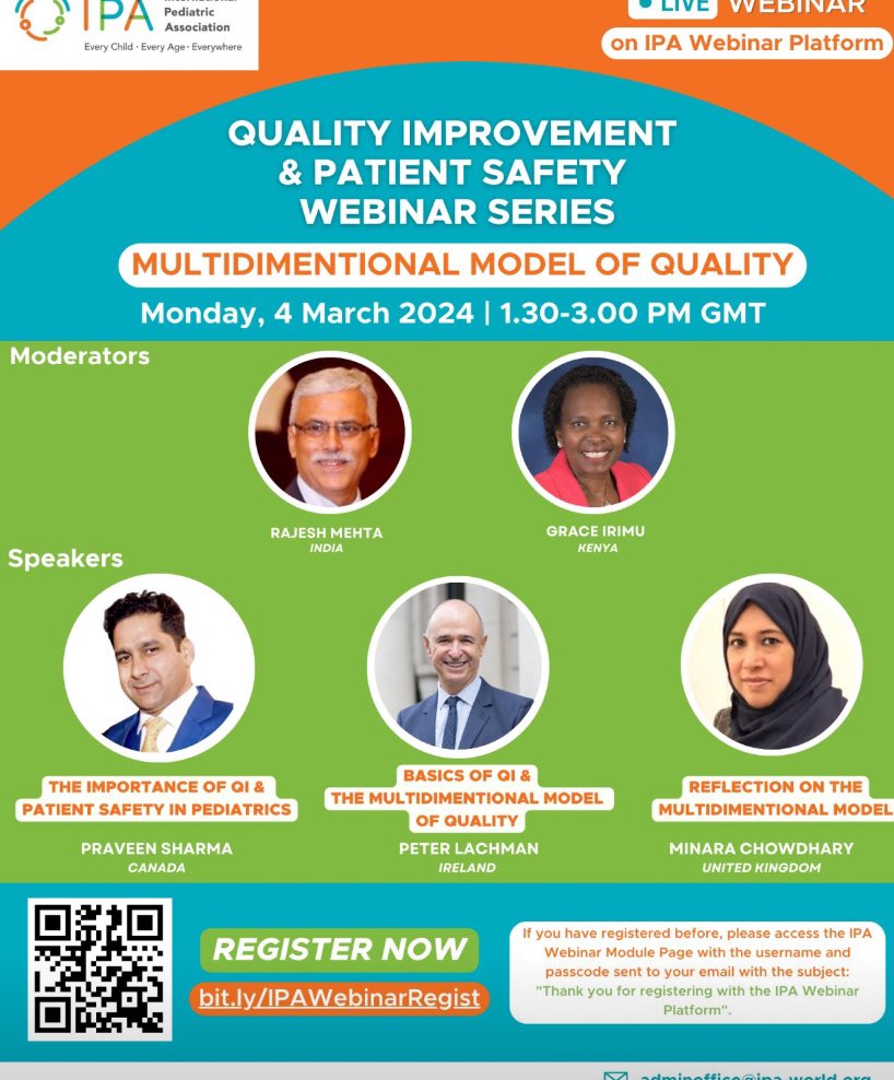 Join @Naveen @parvisharma @drrajeshmehta @ProfIrimu @Minara74 on the 1st @IPAWorldorg #QualityImprovement #PatientSafety Webinar about the multi-dimensional model of quality bit.ly/3xHudKh Date Monday 4th March 13h30-15h00 GMT ipa-world.org/webinar-module…