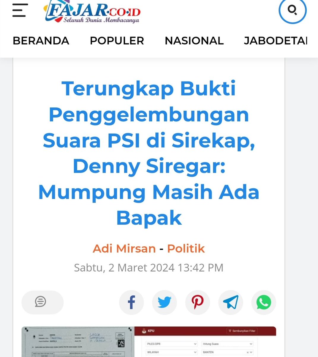 Kok bisa sih Denny Siregar tebar fitnah suara PSI naik dari 2,6% ke 3,2% dalam satu hari? Ngaco! Suara PSI itu naik dari 2,6 % menjadi 3,12% dalam 7 hari. Jadi kenaikannya setiap hari rata2 0,08%. Gitu ya...