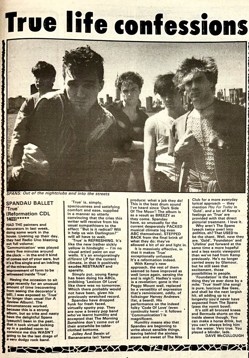 Spandau Ballet’s third album ‘True’ leaves Dave McCullough enraptured, as they dispense with funk for pure pop. 5 stars!

‘This is the best drum sound I've heard since 'Dark Side Of The Moon'! 

@SpandauBallet @TheTonyHadley @garyjkemp @realmartinkemp 

Sounds Mar 5th issue 1983